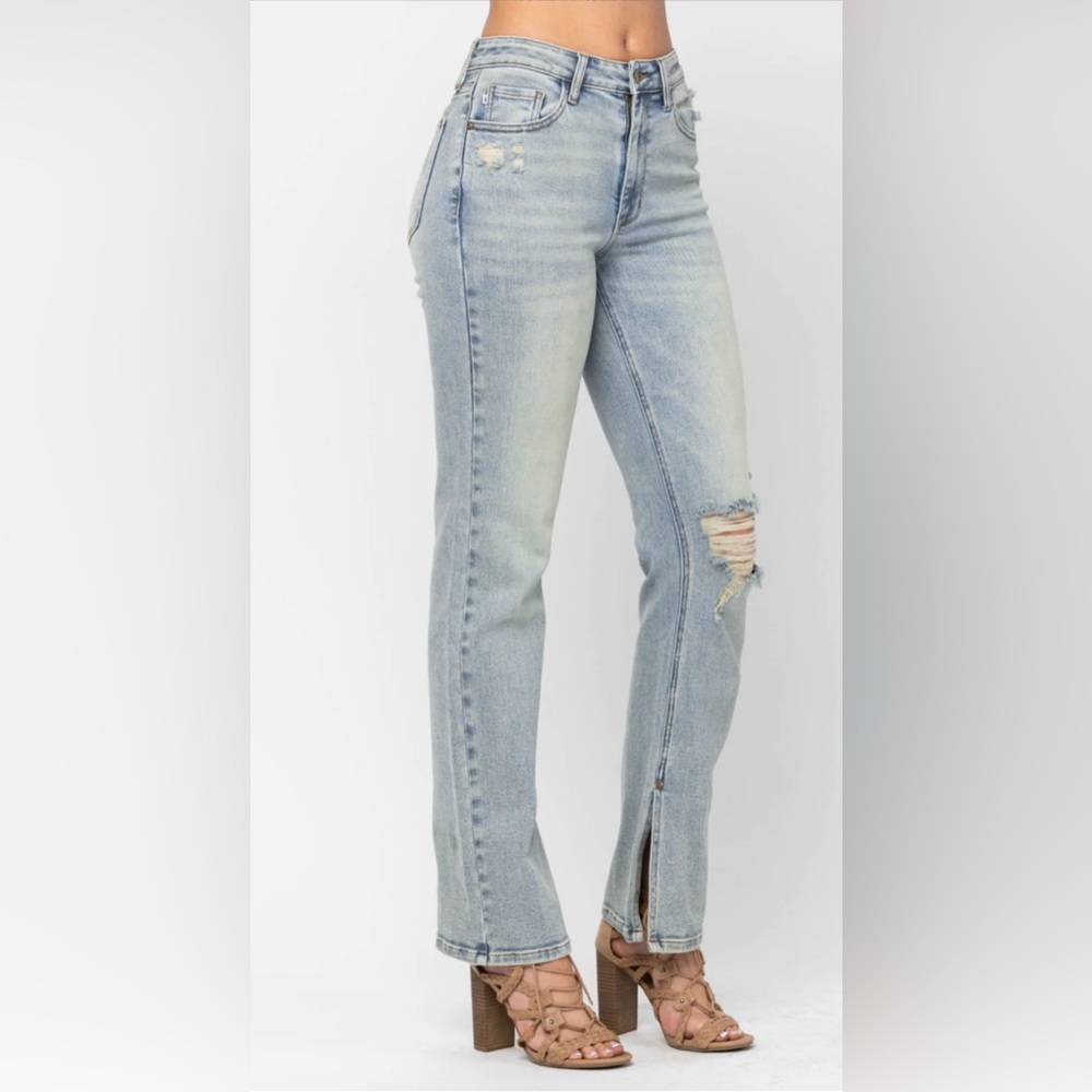 Judy Blue Light Wash High Rise Distressed Straight Leg with Inseam Slit